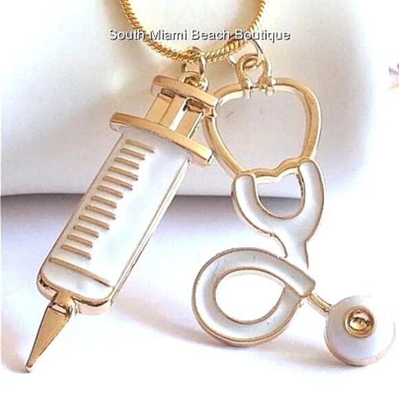 Nursing Medical Stethoscope Necklace RN MD RRT Medical Graduation Gift Gold Tone - Picture 1 of 9
